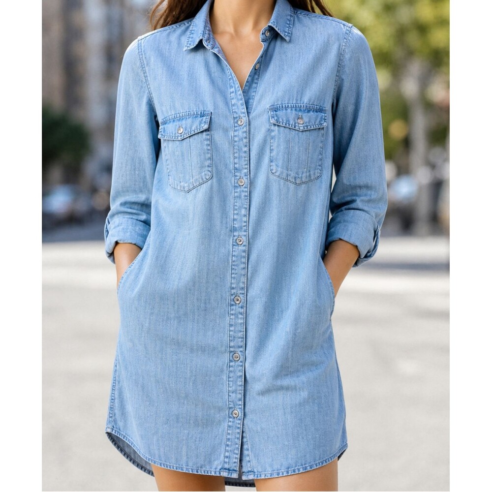 H M Shirt Dress Size6 Chambray Blue Lyocell Button Down Lightweight Casual Basic